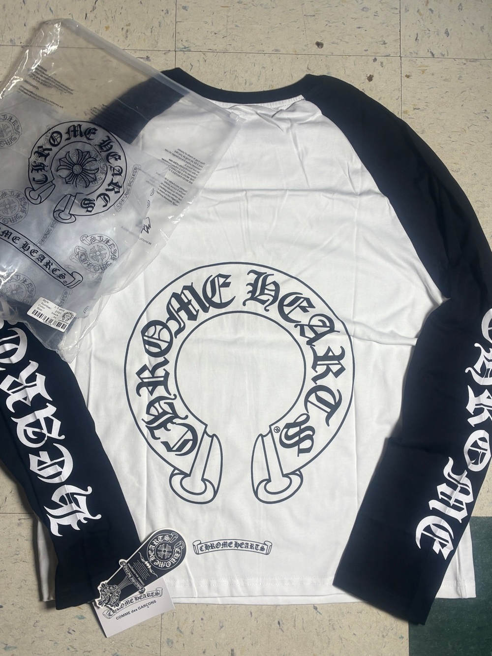 Chrome Hearts Black & White Long-Sleeve Raglan Tee with Graphic Logo